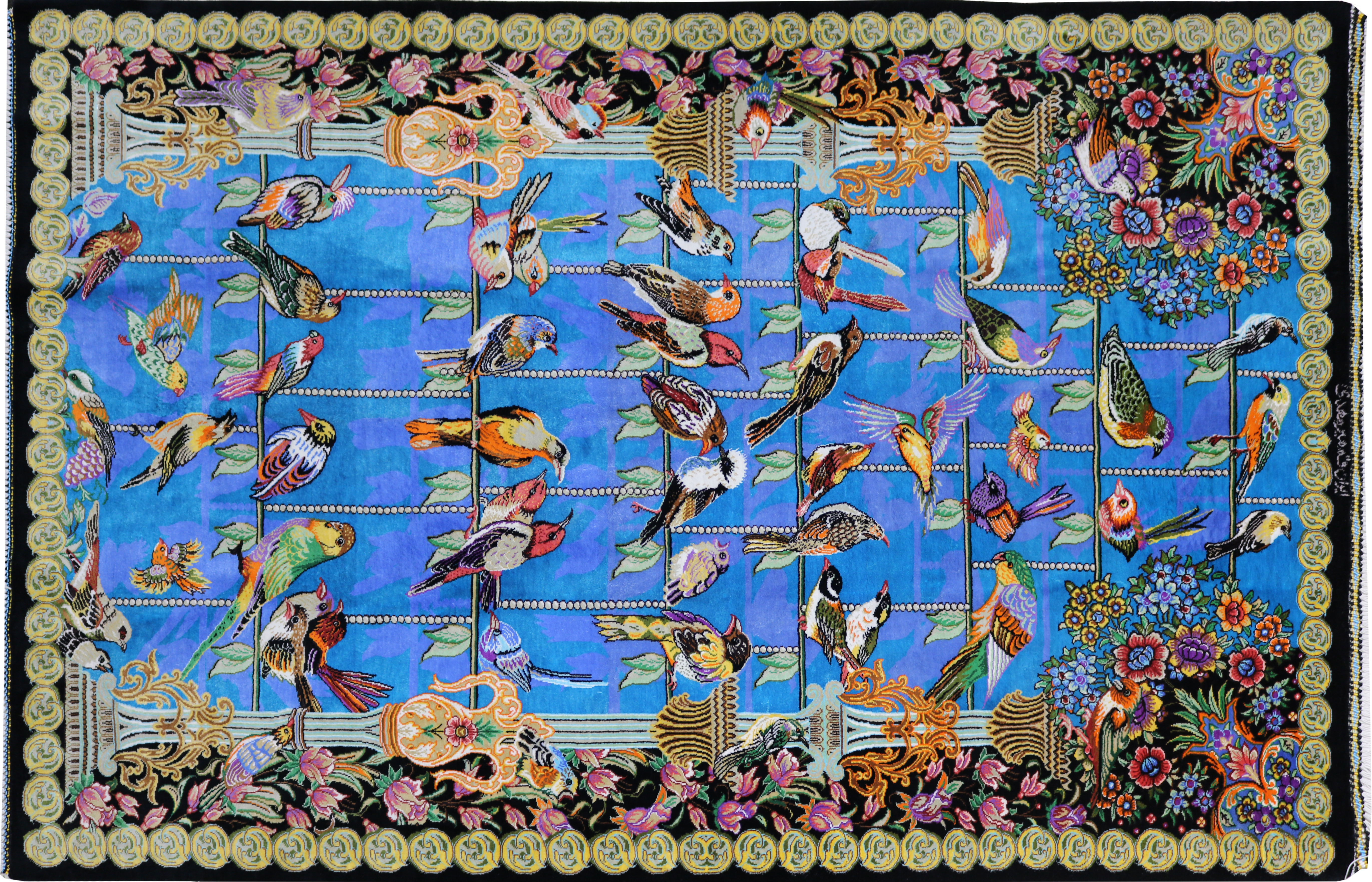 Handmade all-silk blue Persian Qom rug with Iranian bird pattern
