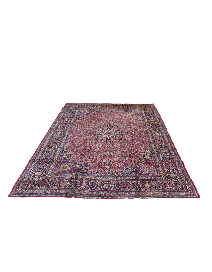 Handmade Antique Red and Dark Blue Persian Mashad Medallion Carpet 42576