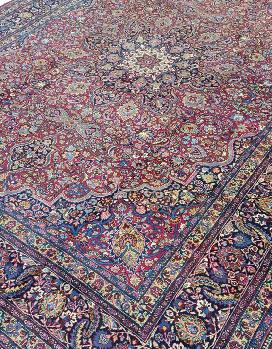 Handmade Antique Red and Dark Blue Persian Mashad Medallion Carpet 42576