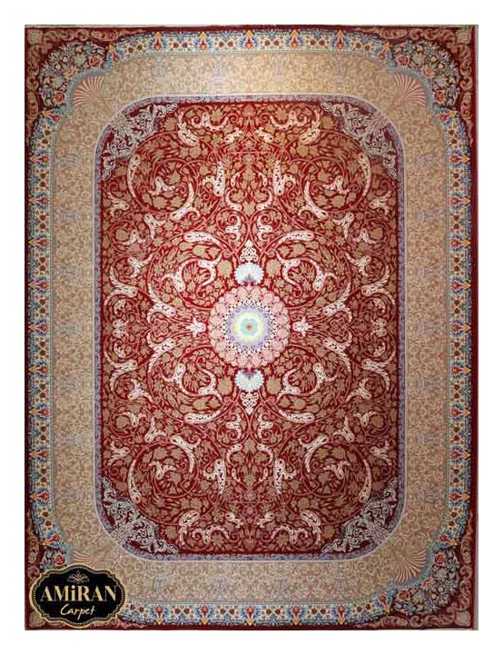 Machine-made Blue and Red Arabesque Persian Acrylic Rug