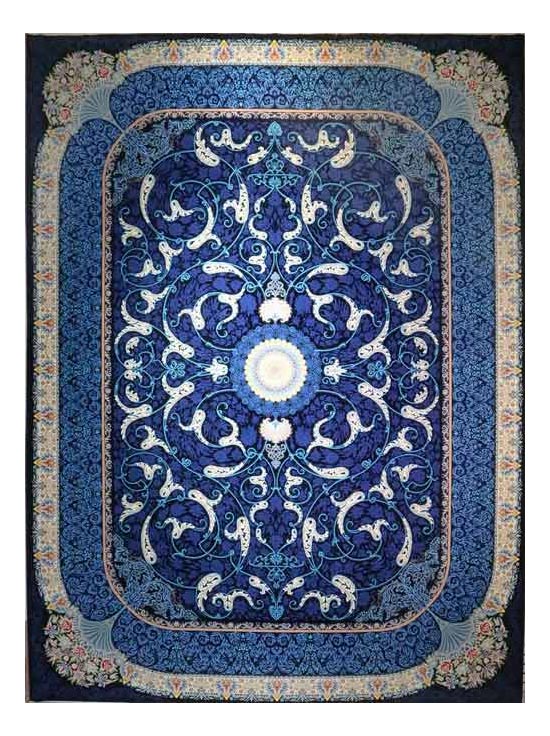 Machine-made Blue and Red Arabesque Persian Acrylic Rug