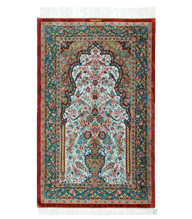 Handmade Blue Persian Qom Prayer Silk Rug 0201045
